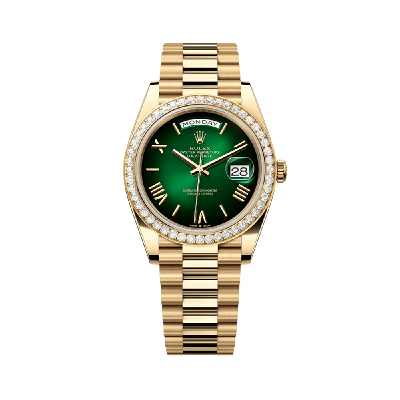 Discover Rolex Watches for the Modern Era –Rolex Day-Date 228348RBR Yellow Gold Green Ombre Roman Numeral Dial Diamond Bezel