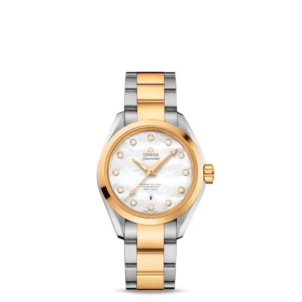 Omega Watches: Built for Performance and Luxury –Omega Seamaster 34mm Watch - Ref: 231.20.34.20.55.002 - White Mother of Pearl Diamond Index Dial, Two Tone Stainless Steel & 18K Yellow Gold Bracelet