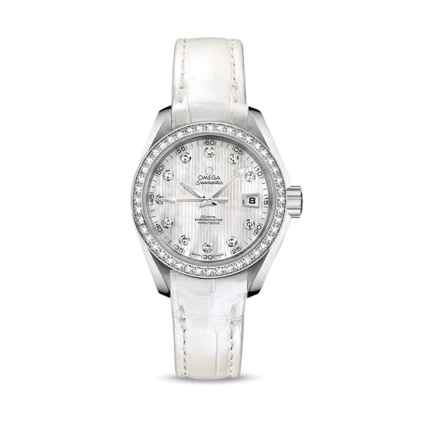 Shop Omega Watches for Timeless Luxury –Omega Seamaster 30mm Watch - Ref: 231.18.30.20.55.001 - White Mother of Pearl Diamond Index Dial & Diamond Bezel, White Leather Strap