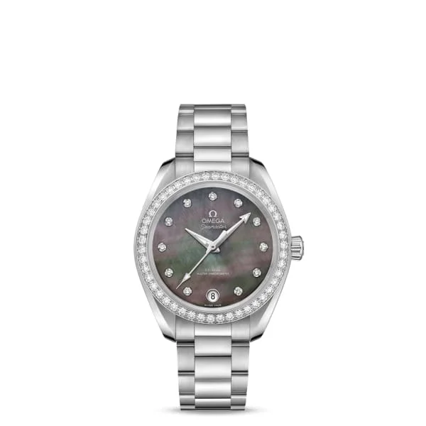 Omega Watches: A Legacy of Swiss Timekeeping –Omega Seamaster 34mm Watch - Ref: 220.15.34.20.57.001 - Tahiti Mother of Pearl Diamond Index Dial & Diamond Bezel, Stainless Steel Bracelet