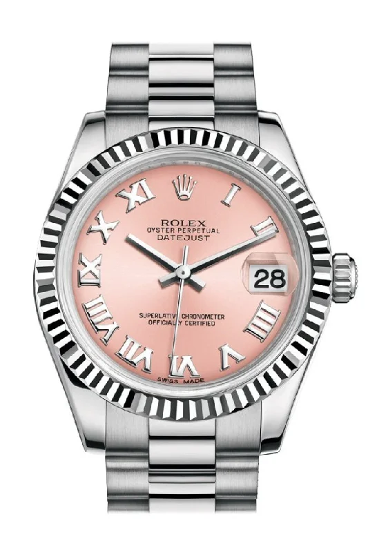 Rolex Watches with Legendary Craftsmanship –Rolex Datejust 31 Pink Roman Dial Fluted Bezel 18K White Gold President Ladies Watch 178279 Pre-owned