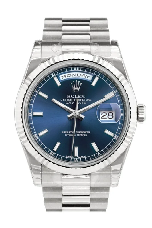 Shop Rolex Watches for Lasting Elegance –Rolex Day-Date 36 Blue Dial Fluted Bezel President White Gold Watch 118239