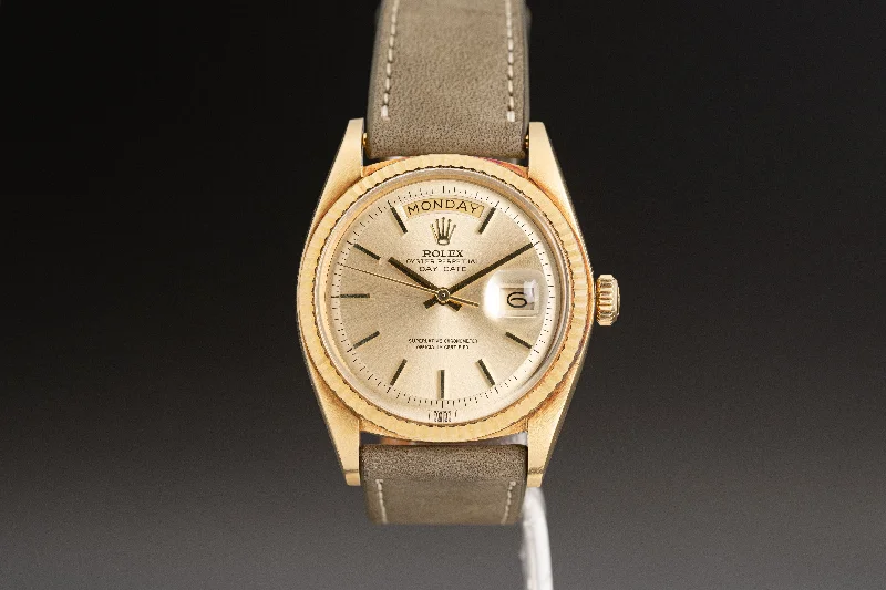 Discover Limited Edition Rolex Watches –1973 Rolex Day-Date 1803 Pie Pan no Lume Champagne dial  w/ Papers & Booklet