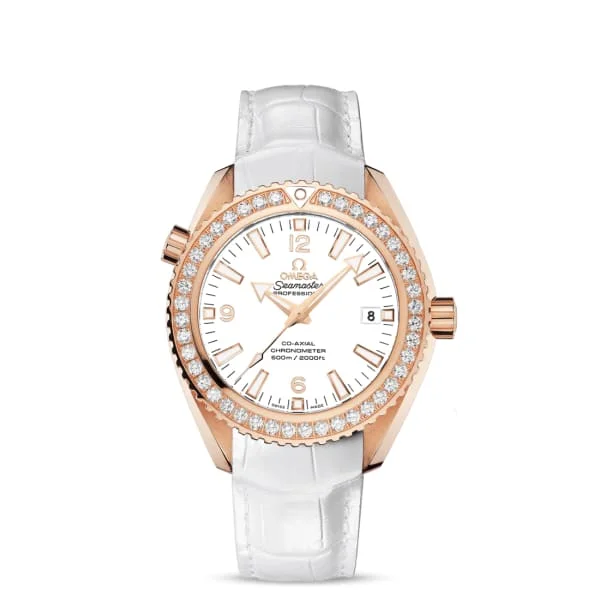 Discover Omega Watches for Investment and Style –Omega Seamaster 42mm Watch - Ref: 232.58.42.21.04.001 - White Index Dial & Diamond Bezel in 18K Rose Gold Case, White Leather Strap