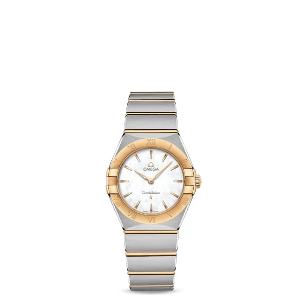 Shop Omega Watches for Lasting Quality –Omega Constellation 28mm Watch - Ref: 131.20.28.60.05.002 - White Mother of Pearl Index Dial & 18K Rose Gold Bezel, Two Tone Stainless Steel & 18K Yellow Gold Bracelet