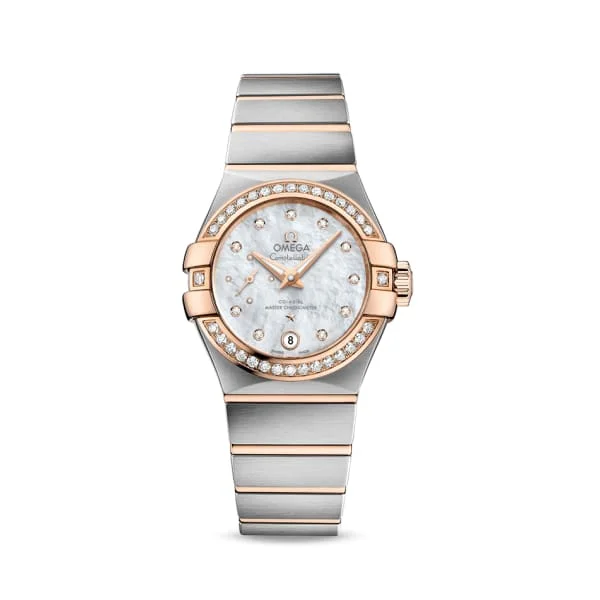 Find Rare Omega Watches for Sale –Omega Constellation 27mm Watch - Ref: 127.25.27.20.55.001 - White Mother of Pearl Diamond Index Dial & Diamond Bezel, Two Tone Stainless Steel & 18K Rose Gold Bracelet