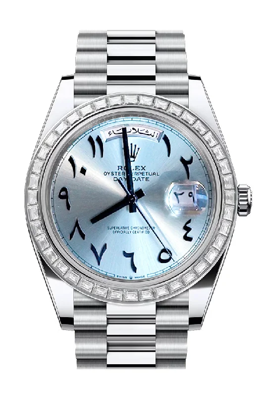 Shop Rolex Watches for Lasting Elegance –Rolex Day Date 40 Ice Blue Arabic Dial Diamond Bezel Platinum President Bracelet 228396TBR