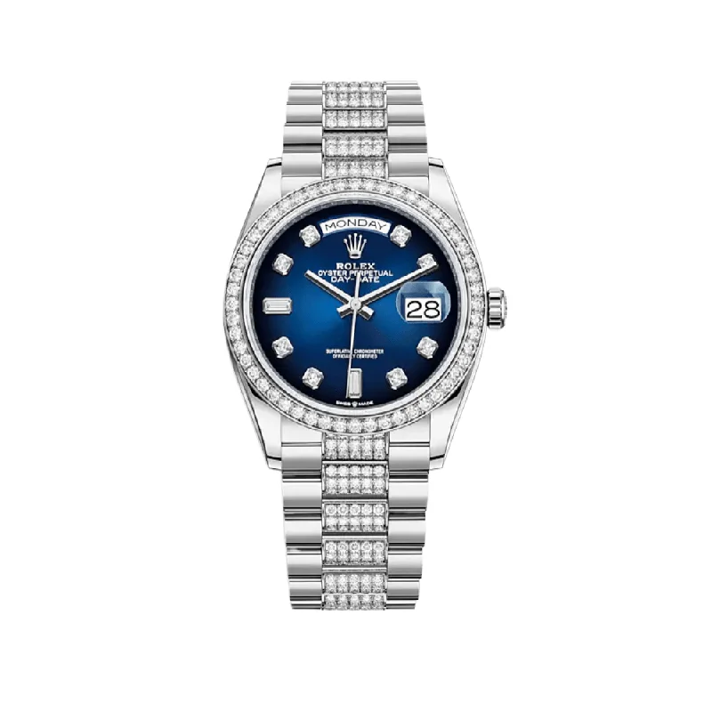 Iconic Rolex Watch Styles –Rolex Day-Date 128349RBR White Gold Diamond Bezel Blue Diamond Dial