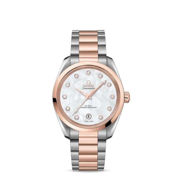 Explore Omega Watches for Exceptional Value –Omega Seamaster 38mm Watch - Ref: 220.20.38.20.55.001 - White Mother of Pearl Diamond Index Dial, Two Tone Stainless Steel & 18K Rose Gold Bracelet