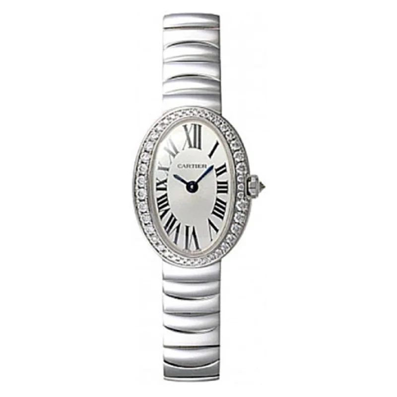 Shop Cartier Watches for the True Connoisseur –Cartier Baignoire 25.3mm Women's watch - Ref: WB520025 - Silver Roman Dial & Diamond Bezel, 18K White Gold Bracelet