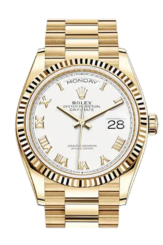 Explore Rolex Watches for Unrivaled Quality –ROLEX Day-Date 36 White Roman Dial 18K Yellow Gold Watch 128238 DC