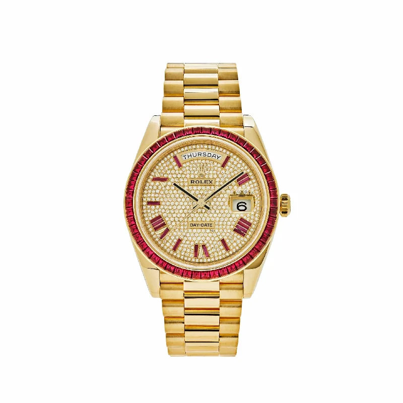 Discover Legendary Rolex Watches –Rolex Day-Date 228398TRU Yellow Gold Roman Dial Ruby Bezel