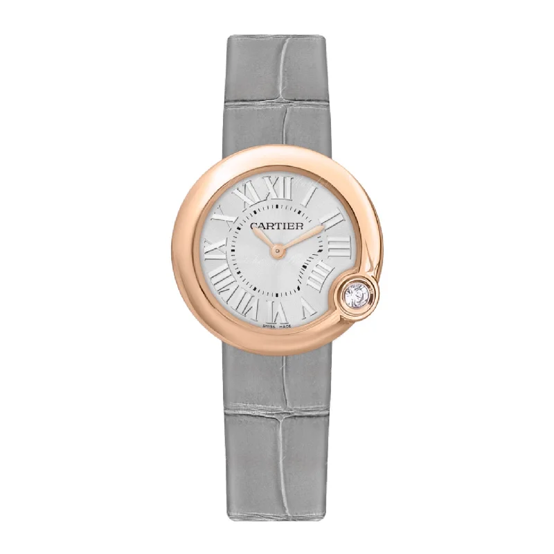 Cartier Watches: Luxury That Lasts –Cartier Ballon Blanc de Cartier 30mm Women's watch - Ref: WGBL0005 - Silver Roman Dial & Diamond Bezel in 18K Rose Gold Case, Gray Alligator Strap