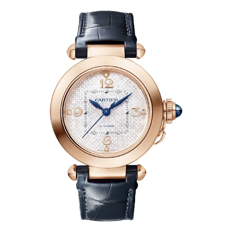 Discover Cartier Watches with Iconic Design –Cartier Pasha de Cartier 35mm Women's watch - Ref: WGPA0027 - Silver Arabic Diamond Dial in 18K Rose Gold Case, Blue Leather Strap