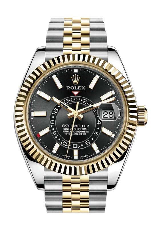 Shop Rolex Watches for Timeless Craftsmanship –Rolex Sky Dweller Black Dial 18K Yellow Gold Bezel Two Tone Jubilee  Men's Watch 326933