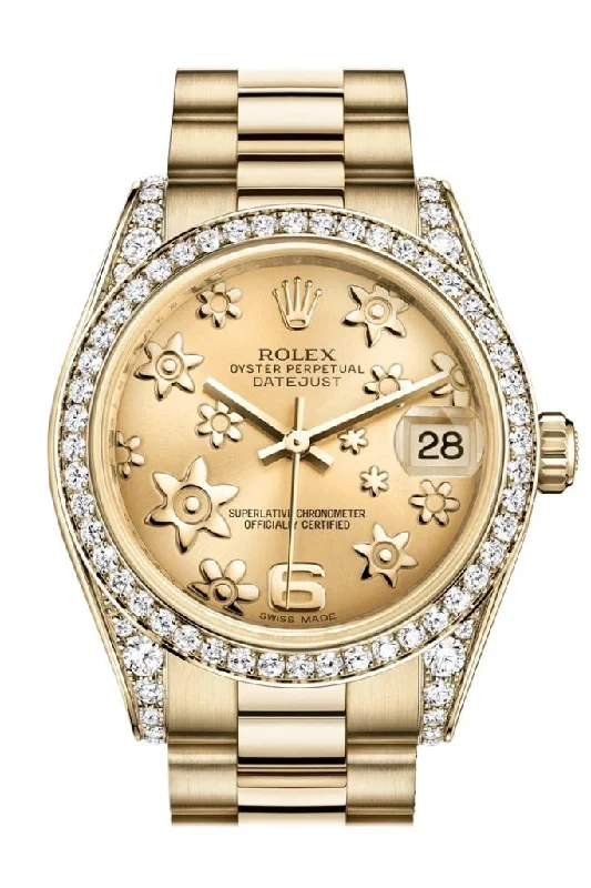 Explore the Best Rolex Timepieces –Rolex Datejust 31 Champagne Floral Motif Dial Diamond Bezel Lug 18K Yellow Gold President Ladies Watch 178158 Pre-owned