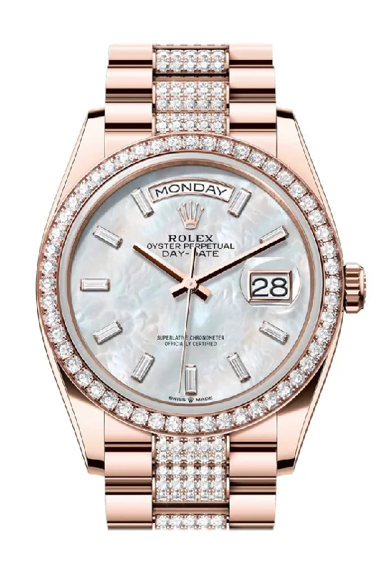 Rolex Watches: A True Luxury Investment –Rolex Day Date 36 White MOP Diamond Dial Diamond Bezel Rose Gold President Diamond Bracelet 128345