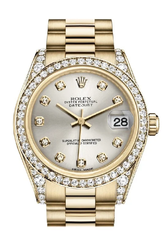 Shop Rolex Watches for Iconic Designs –Rolex Datejust 31 Silver Diamond Dial Diamond Bezel Lug 18K Yellow Gold President Ladies Watch 178158 Pre-owned