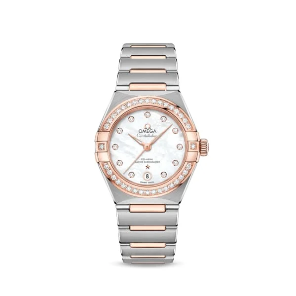 Omega Watches: Designed for the Elite Collector –Omega Constellation 29mm Watch - Ref: 131.25.29.20.55.001 - White Mother of Pearl Diamond Index Dial & Diamond Bezel, Two Tone Stainless Steel & 18K Rose Gold Bracelet