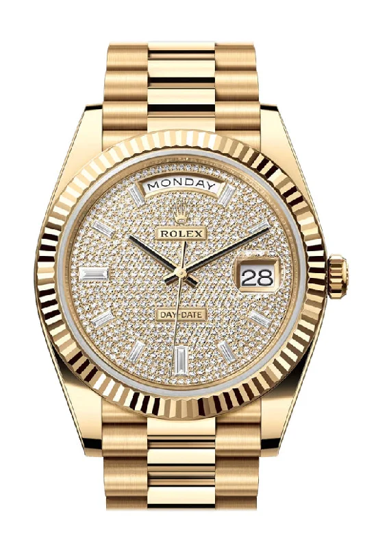 Discover Rolex Watches for the True Watch Collector –Rolex Day Date 40 Pave Diamond Dial Fluted Bezel Yellow Gold President Bracelet 228238