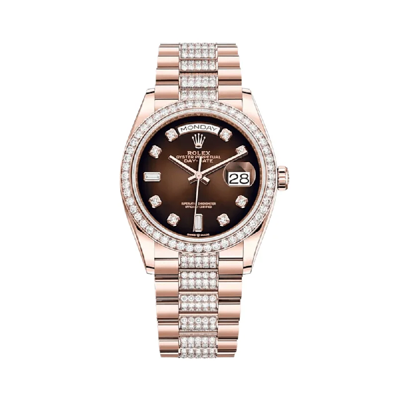 Iconic Rolex Watches for the True Connoisseur –Rolex Day-Date 128345RBR Rose Gold Diamond Bezel Brown Diamond Dial