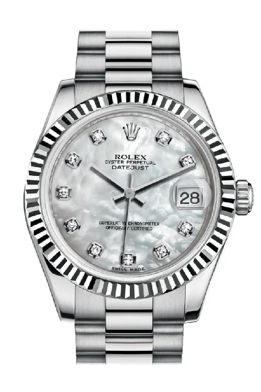 Shop Rolex Watches for Rare and Exclusive Timepieces –Rolex Datejust 31 White mother-of-pearl Diamond Dial Fluted Bezel 18K White Gold President Ladies Watch 178279 Pre-owned