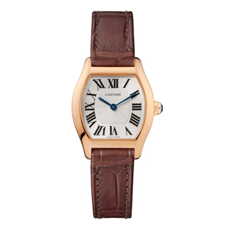 Discover the Timeless Charm of Cartier Watches –Cartier Cartier Tortue 30mm Women's watch - Ref: W1556360 - Silver Guilloche Dial in 18K Rose Gold Case, Brown Leather Strap