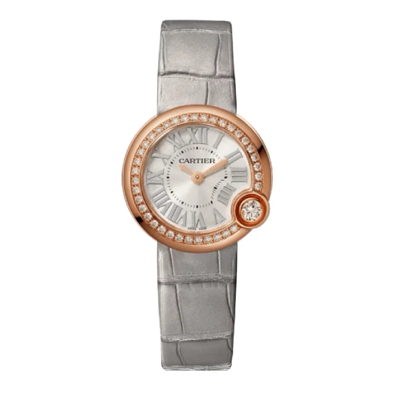 Shop Cartier Watches for Exclusive Designs –Cartier Ballon Blanc de Cartier 26mm Women's watch - Ref: WJBL0006 - Silver Roman Dial & Diamond Bezel in 18K Rose Gold Case, Gray Alligator Strap