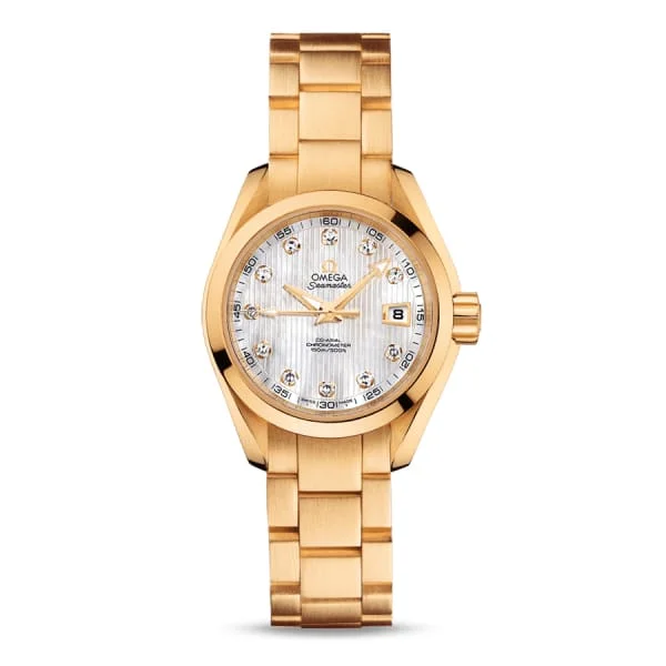 Find Omega Watches with Classic Appeal –Omega Seamaster 30mm Watch - Ref: 231.50.30.20.55.002 - White Mother of Pearl Diamond Index Dial, 18K Yellow Gold Bracelet