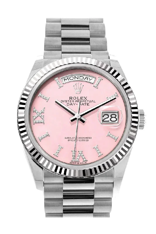 Rolex Watches: Precision and Luxury Combined –Rolex Day-Date 36 Pink Opal Diamond Dial Fluted Bezel White gold President Watch 128239