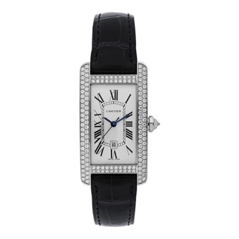 Cartier Watches: Built for the Watch Enthusiast –Cartier Tank Americaine 41.6mm Watch - Ref: WB710002 - Silver Roman Dial & Diamond Bezel in 18K White Gold Case, Black Alligator Strap