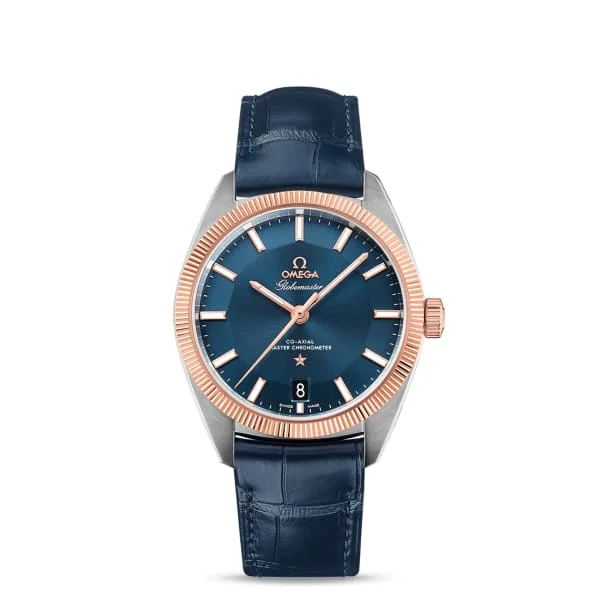 Omega Watches: Swiss Precision and Elegance –Omega Constellation 39mm Watch - Ref: 130.23.39.21.03.001 - Blue Index Dial & 18K Rose Gold Fluted Bezel, Blue Leather Strap