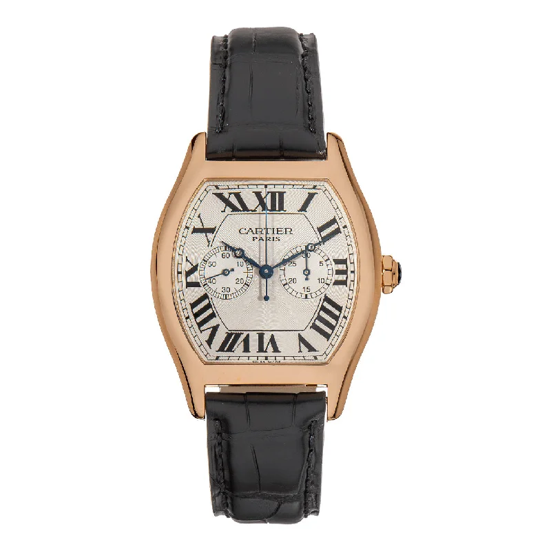 Shop Cartier Watches for Timeless Appeal –Cartier Cartier Tortue 37mm Watch - Ref: W1547451 - Silver Guilloche Dial in 18K Rose Gold Case, Black Leather Strap