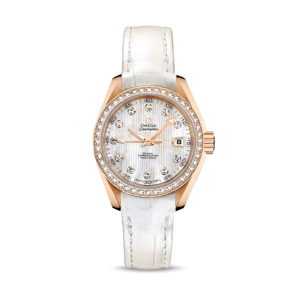 Discover Omega Watches for Timeless Style –Omega Seamaster 30mm Watch - Ref: 231.58.30.20.55.001 - White Mother of Pearl Diamond Index Dial & Diamond Bezel in 18K Rose Gold Case, White Leather Strap