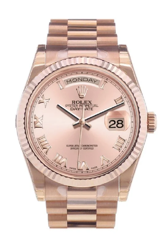 Discover the Art of Rolex Timekeeping –Rolex Day-Date 36 Pink Roman Dial Fluted Bezel President Everose Gold Watch 118235