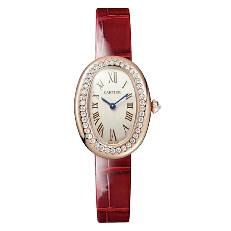 Shop Cartier Watches for Ultimate Precision –Cartier Baignoire 31.4mm Women's watch - Ref: WJBA0031 - Silver Roman Dial & Diamond Bezel in 18K Rose Gold Case, Red Alligator Strap