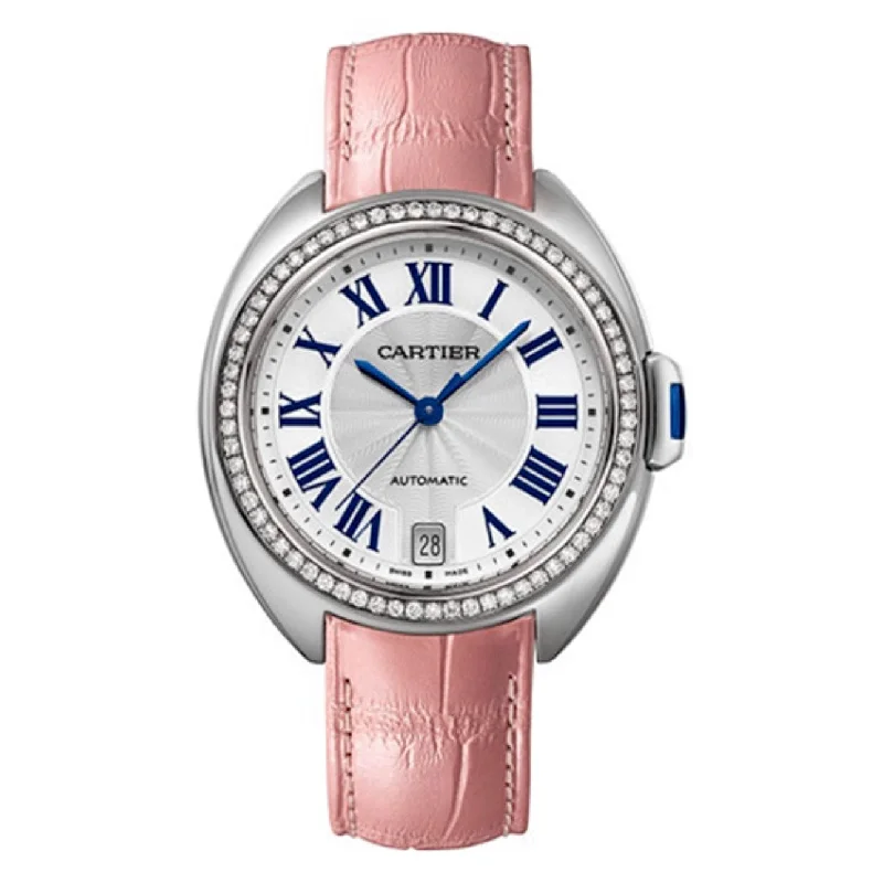 Cartier Watches: Iconic Design Meets Precision –Cartier Cle de Cartier 35mm Women's watch - Ref: W4CL0006 - Silver Roman Dial & Diamond Bezel in Stainless Steel Case Pink Alligator Strap