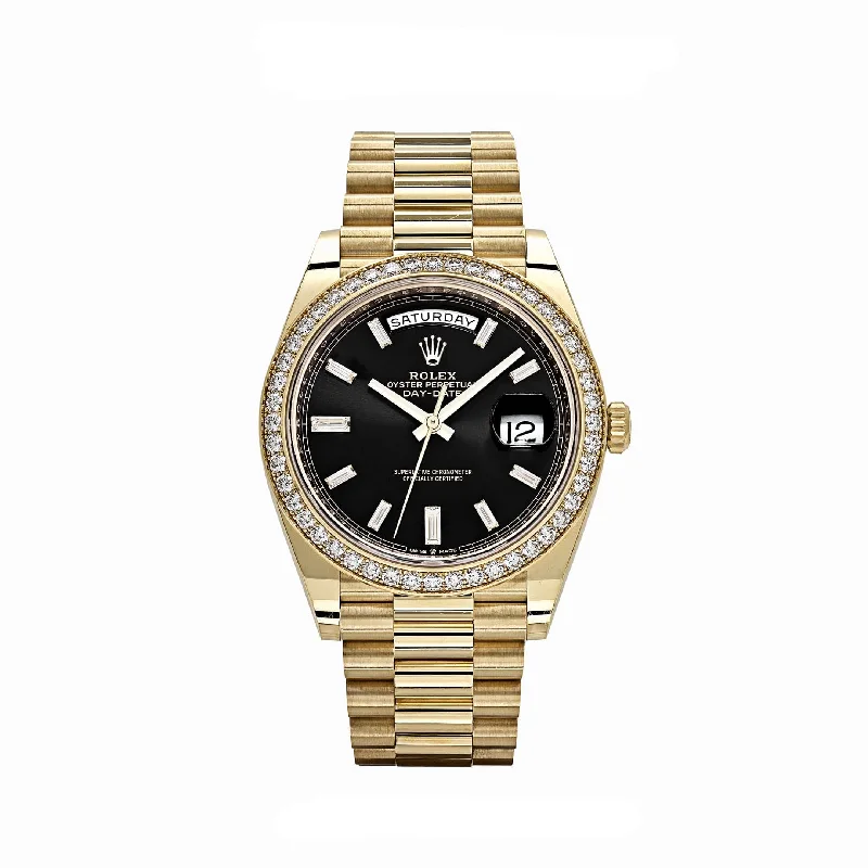 Rolex Watches: Precision Crafted for Luxury –Rolex Day-Date 228348RBR Yellow Gold Black Diamond Dial Diamond Bezel