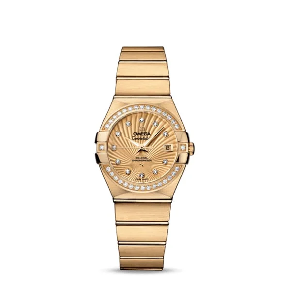 Shop Omega Watches for Timeless Design –Omega Constellation 27mm Watch - Ref: 123.55.27.20.58.001 - Champagne Diamond Index Dial & Diamond Bezel, 18K Yellow Gold Bracelet