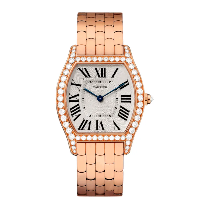 Shop Cartier Watches for Legendary Craftsmanship –Cartier Cartier Tortue 31mm Women's watch - Ref: W1556366 - Silver Roman Dial & Diamond Bezel, 18K Rose Gold Bracelet