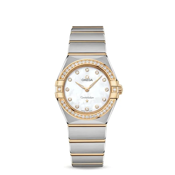 Shop Omega Watches for Timeless Elegance –Omega Constellation 28mm Watch - Ref: 131.25.28.60.55.002 - White Mother of Pearl Diamond Index Dial & Diamond Bezel, Two Tone Stainless Steel & 18K Yellow Gold Bracelet