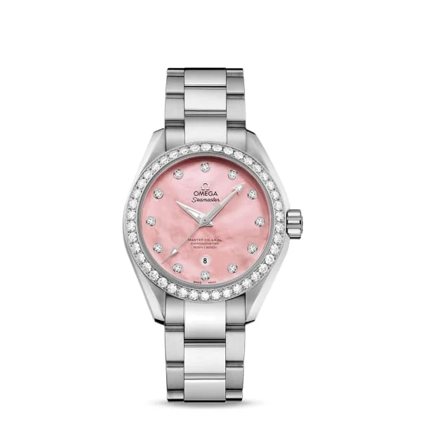 Explore the World of Omega Watchmaking –Omega Seamaster 34mm Watch - Ref: 231.15.34.20.57.003 - Pink Mother of Pearl Diamond Index Dial & Diamond Bezel, Stainless Steel Bracelet