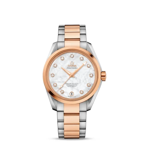 Shop Omega Watches for Timeless Quality and Value –Omega Seamaster 39mm Watch - Ref: 231.20.39.21.55.003 - White Mother of Pearl Diamond Index Dial, Two Tone Stainless Steel & 18K Rose Gold Bracelet