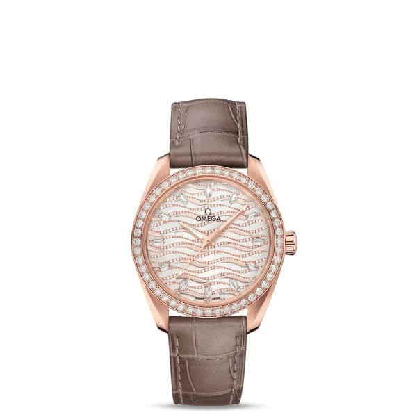 Omega Watches for Luxury Timekeeping –Omega Seamaster 38mm Watch - Ref: 220.58.38.20.99.006 - White Pave Diamond Index Dial & Diamond Bezel in 18K Rose Gold Case, Brown Leather Strap