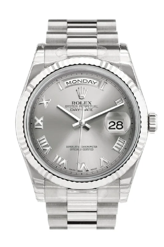 Shop Rolex Watches for Unmatched Precision –Rolex Day-Date 36 Rhodium Roman Dial Fluted Bezel President White Gold Watch 118239