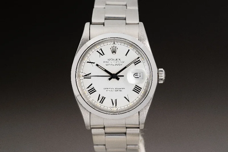 Luxury Rolex Watches for Collectors –1982 Rolex 16000 White Roman "Buckley" Dial Smooth Bezel Oyster Bracelet Box & Papers