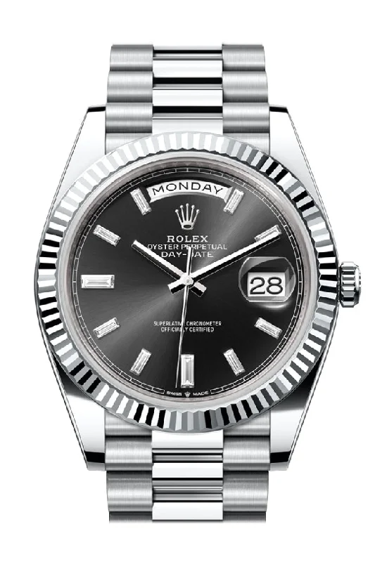 Iconic Rolex Watches for Sale –Rolex Day-Date 40 Bright Black 10 baguette-cut Diamonds Dial Fluted Bezel Platinum President Men's Watch 228236