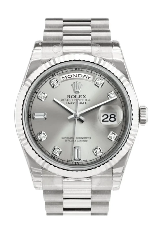 Timeless Rolex Timepieces Available Now –Rolex Day-Date 36 Silver set with Diamonds Dial Fluted Bezel President White Gold Watch 118239