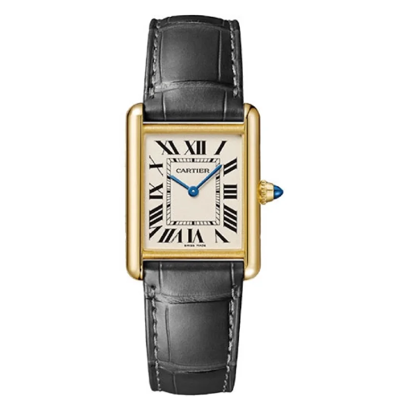 Explore Cartier Watches for the True Connoisseur –Cartier Tank Louis 33.7mm Watch - Ref: WGTA0067 - Silver Roman Dial in 18K Yellow Gold Case, Grey Alligator Strap