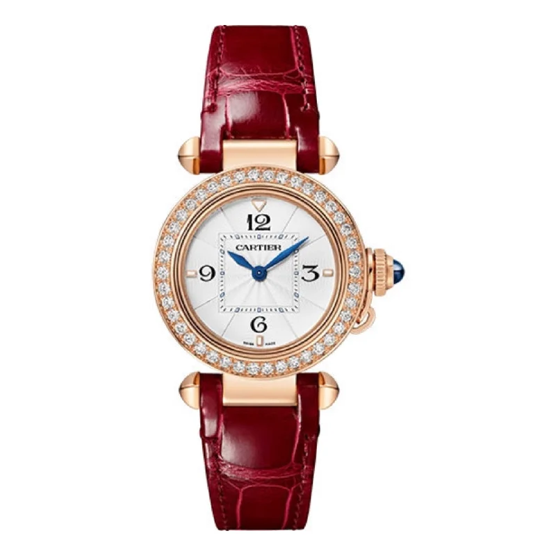 Shop Cartier Watches for Timeless Style –Cartier Pasha de Cartier 30mm Women's watch - Ref: WJPA0017 - Silver Roman Dial & Diamond Bezel in 18K Rose Gold Case, Red Alligator Strap